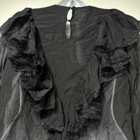J.ING Black Ruffled Long Sleeve 100% Mulberry Silk Blouse Top Size M - Picture 4 of 10
